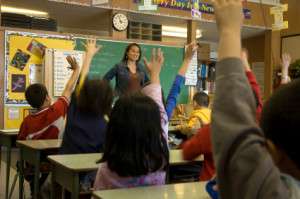 Elementary classroom setting. Focus on teacher and chalkboard.